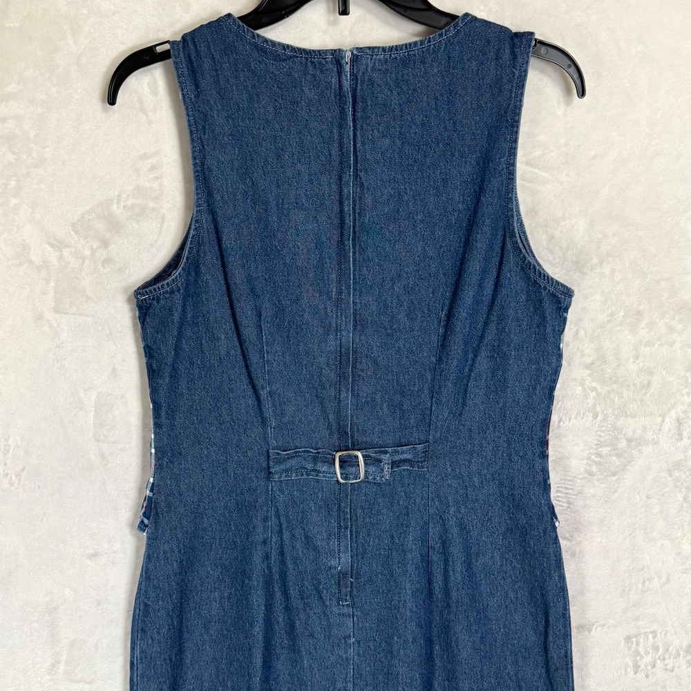 Vintage 90s Plaid Denim Midi Vest Dress Size S Jumper Cottage Teacher Ivy Preppy - Picture 14 of 15